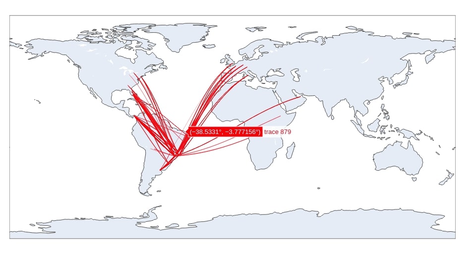 Connection Map Depicting Flights from Brazil to All Other Countries