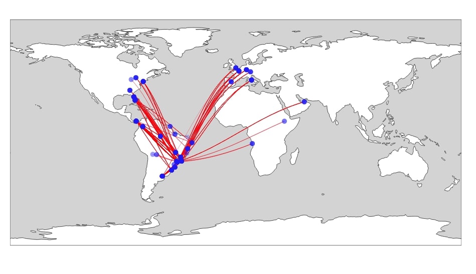 Connection Map Depicting Flights from Brazil to All Other Countries With Airport Locations as Scatter Plot