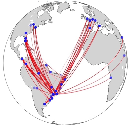 Connection Map Depicting Flights from Brazil to All Other Countries with Airport Locations as Scatter Plot [Orthographic Projection]