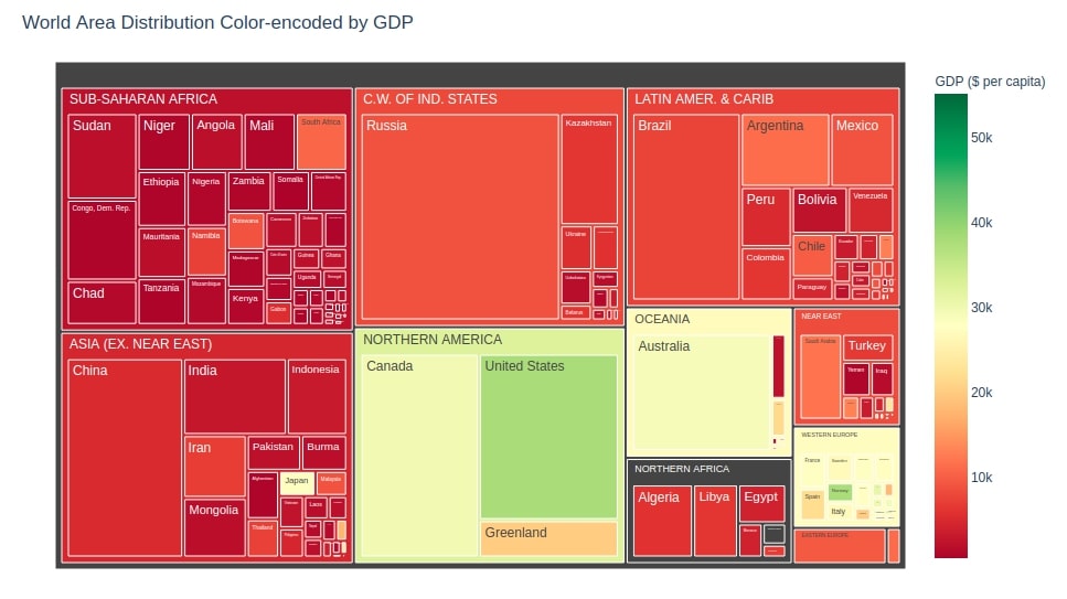 World Area Distribution Color-encoded by GDP Treemap Plotly